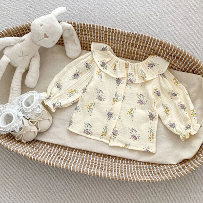 -ベビートップス/ロンパース フラワープリントラッフル襟長袖ブラウス/フリルサスペンダーボディスーツ - mamahalo shop - ロンパースセットアップ -  べビー服 - 子供服 - 男の子 - 女の子