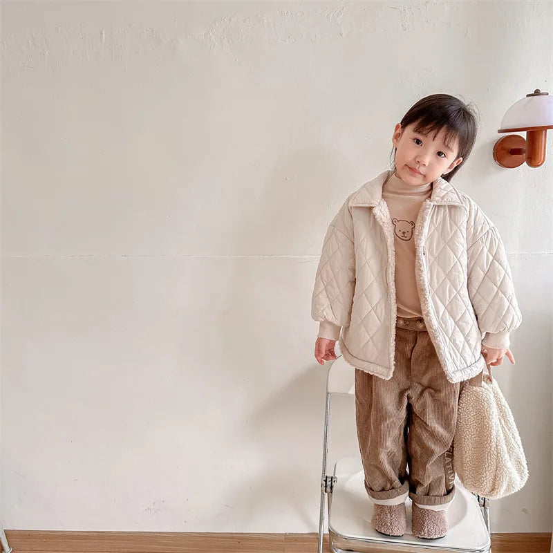 -キッズアウター 裏ボアフリース キルティングコート 厚手ジャケット グレー ベージュ 2カラー - mamahalo shop - ショートコート・ジャケット・ジャンパー -  べビー服 - 子供服 - 男の子 - 女の子