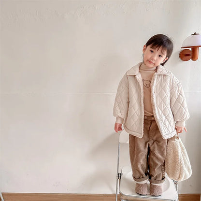 -キッズアウター 裏ボアフリース キルティングコート 厚手ジャケット グレー ベージュ 2カラー - mamahalo shop - ショートコート・ジャケット・ジャンパー -  べビー服 - 子供服 - 男の子 - 女の子