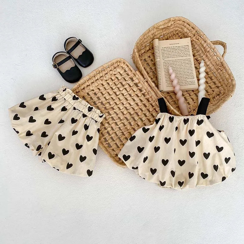 -ベビーセットアップ 2点セット リボンキャミソールバルーンチュニック+バルーンショートパンツ ハートプリント【mh0006333】 - mamahalo shop - ノースリーブセットアップ -  べビー服 - 子供服 - 男の子 - 女の子