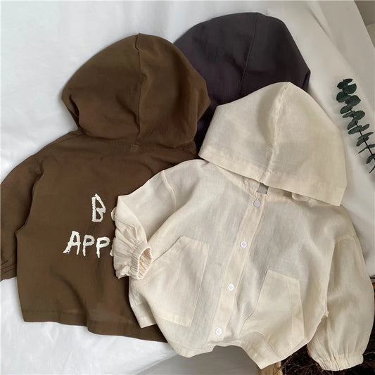 -キッズアウター サマーフーディジャケット カーディガン 日除け 冷房対策 バックロゴプリント 3カラー - mamahalo shop - ショートコート・ジャケット・ジャンパー -  べビー服 - 子供服 - 男の子 - 女の子