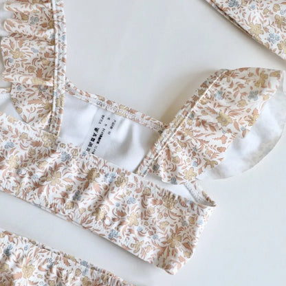 -キッズ水着 ガールズ ビキニ セパレート フリルトップス+パンツ+帽子セット フラワープリント 2カラー スイムウェア【mh0005995】 - mamahalo shop - ベビー用水着 -  べビー服 - 子供服 - 男の子 - 女の子