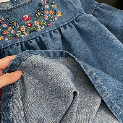 -キッズワンピース デニム 長袖ワンピース フラワー花柄刺繍【mh0006449】 - mamahalo shop - 長袖ワンピース -  べビー服 - 子供服 - 男の子 - 女の子