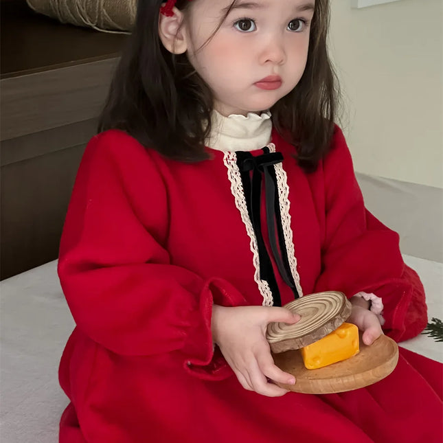 ベビーワンピース レースリボンフリルフリース長袖ワンピース - mamahalo shop - 長袖ワンピース -  べビー服 - 子供服 - 男の子 - 女の子