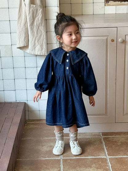 -キッズトップス/ワンピース デニム 長袖シャツ/長袖セーラーカラーワンピース リンクコーデ 兄弟姉妹 お揃いコーデ - mamahalo shop - 長袖ワンピース -  べビー服 - 子供服 - 男の子 - 女の子