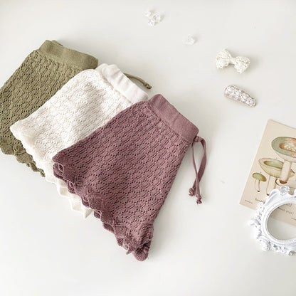 -ベビー キッズ レースニット 透け感 ショートパンツ アイボリーホワイト カーキグリーン パープル ガールズ - mamahalo shop - ハーフパンツ・ショートパンツ -  べビー服 - 子供服 - 男の子 - 女の子