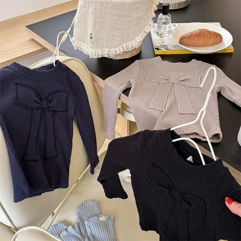 -キッズトップス リボンアップリケ刺繍長袖カットソーTシャツ 3カラー - mamahalo shop - 長袖Tシャツ -  べビー服 - 子供服 - 男の子 - 女の子