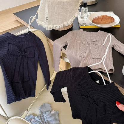 -キッズトップス リボンアップリケ刺繍長袖カットソーTシャツ 3カラー - mamahalo shop - 長袖Tシャツ -  べビー服 - 子供服 - 男の子 - 女の子