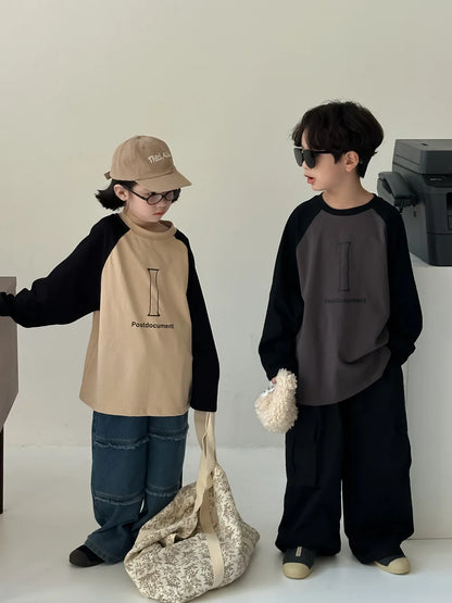 -キッズトップス パッチワークラグランスリーブプリント柄長袖Tシャツ 2カラー - mamahalo shop - 長袖Tシャツ -  べビー服 - 子供服 - 男の子 - 女の子