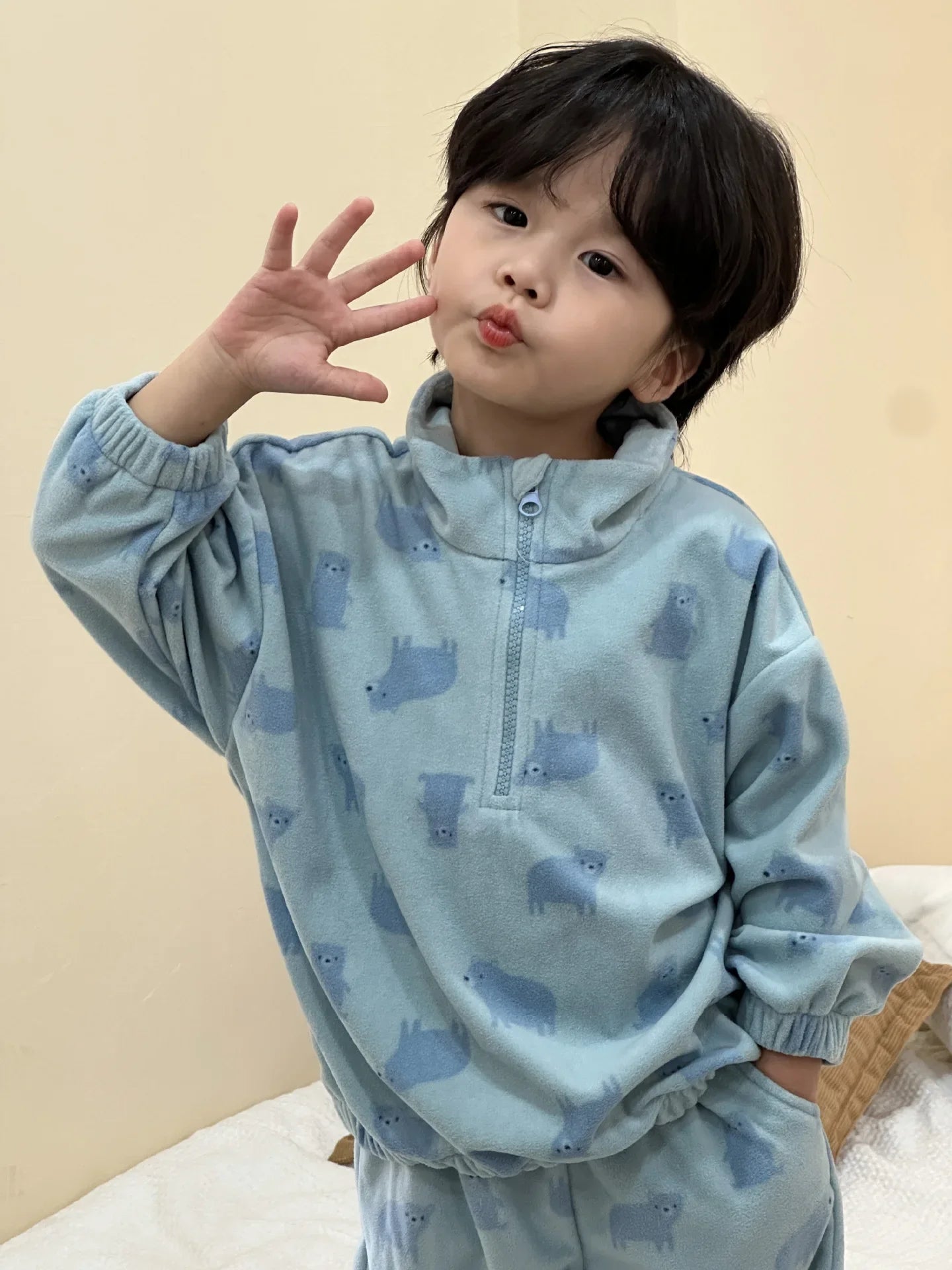 -キッズセットアップ 2点セット ハーフジップトップス ロングパンツ フリースセットアップ - mamahalo shop - 長袖セットアップ -  べビー服 - 子供服 - 男の子 - 女の子