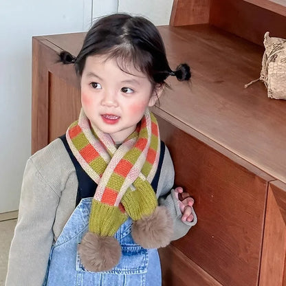 -キッズマフラー ニット ネックウォーマー ぽんぽん付き 水玉ポルカドット チェック 12カラー - mamahalo shop - ネックウォーマー -  べビー服 - 子供服 - 男の子 - 女の子