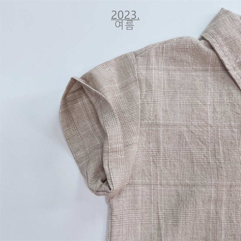 -キッズ グレンチェック セットアップ 半袖 シャツ ショートパンツ ベージュ ダークグレー ボーイズ - mamahalo shop - 半袖セットアップ -  べビー服 - 子供服 - 男の子 - 女の子