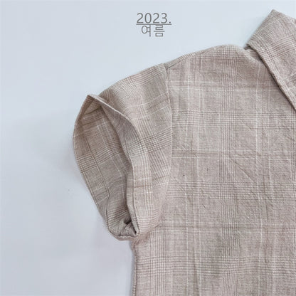 -キッズ グレンチェック セットアップ 半袖 シャツ ショートパンツ ベージュ ダークグレー ボーイズ - mamahalo shop - 半袖セットアップ -  べビー服 - 子供服 - 男の子 - 女の子