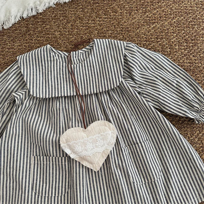 -キッズワンピース ストライプビッグ襟長袖ワンピース - mamahalo shop - 長袖ワンピース -  べビー服 - 子供服 - 男の子 - 女の子