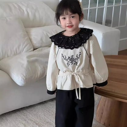 -キッズトップス ラッフル襟フラワー刺繍チュニックブラウス/ロングフリルパンツ - mamahalo shop - 長袖セットアップ -  べビー服 - 子供服 - 男の子 - 女の子