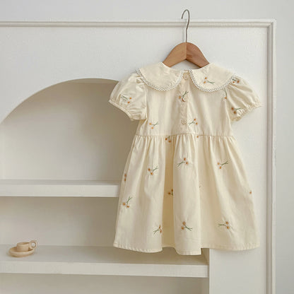-キッズワンピース 半袖パフスリーブ フラワー花柄刺繍 丸襟 2カラー【mh0005874】 - mamahalo shop - 半袖ワンピース -  べビー服 - 子供服 - 男の子 - 女の子
