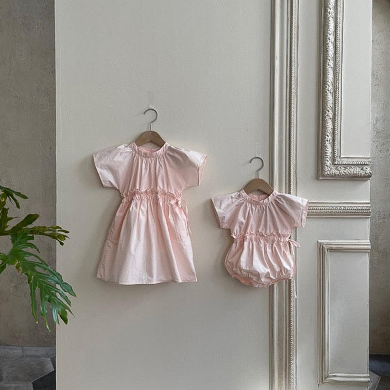 -ベビー ウエストマーク 半袖 ロンパース ピンク ベージュ ガールズ【mh0002089】 - mamahalo shop - 半袖ロンパース -  べビー服 - 子供服 - 男の子 - 女の子