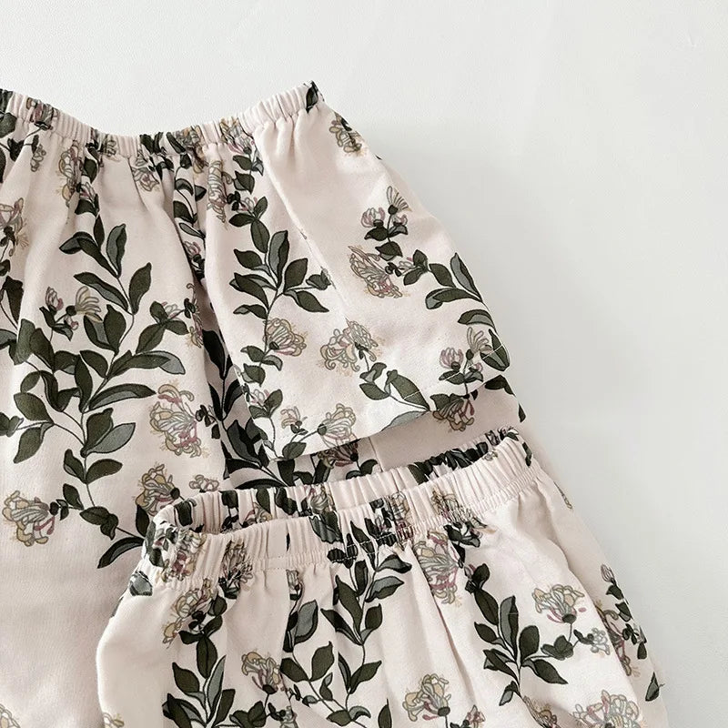 -キッズセットアップ 2点セット ダブルガーゼ 半袖スモックブラウス+バルーンショートパンツ ボタニカルプリント ルームウェア 4カラー【mh0004895】 - mamahalo shop - 半袖セットアップ -  べビー服 - 子供服 - 男の子 - 女の子