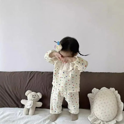 -ベビーセットアップ ハート/フラワープリントラッフル襟長袖シャツ+ロングパンツ 3カラー - mamahalo shop - 長袖セットアップ -  べビー服 - 子供服 - 男の子 - 女の子