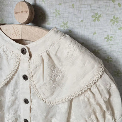 -ベビーロンパース 半袖ボディスーツ ビッグ襟 ベージュ - mamahalo shop - 半袖ロンパース -  べビー服 - 子供服 - 男の子 - 女の子