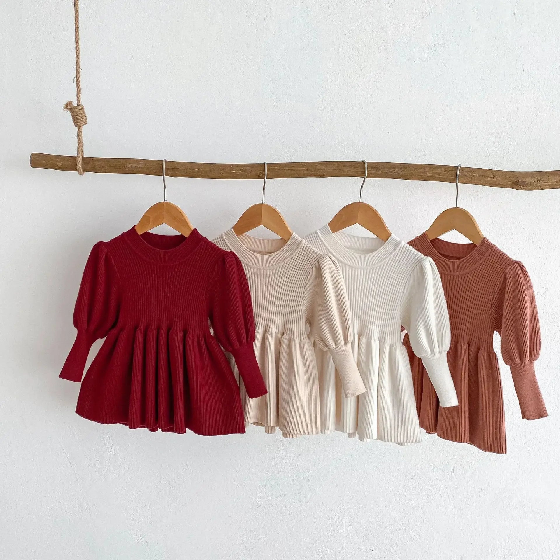 -ベビーキッズワンピース 長袖パフスリーブニットドレスミニワンピース 4カラー - mamahalo shop - 長袖ワンピース -  べビー服 - 子供服 - 男の子 - 女の子