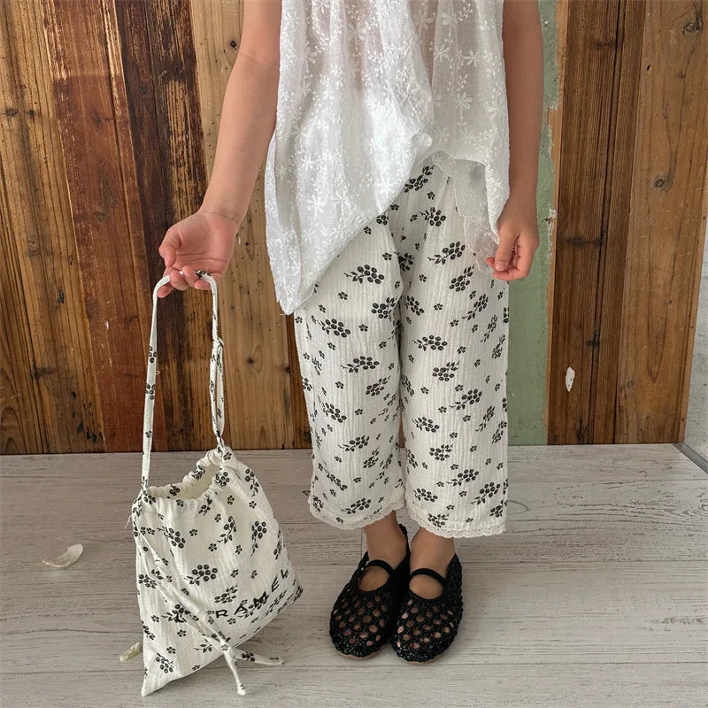 -キッズパンツ サマールーズワイドクロップドパンツ フラワー花柄プリント 2カラー - mamahalo shop - ロングパンツ・スウェットパンツ -  べビー服 - 子供服 - 男の子 - 女の子