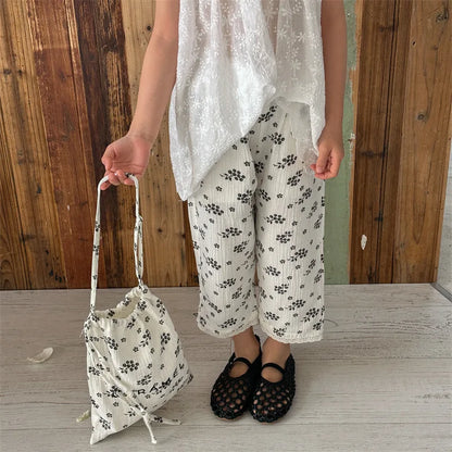 -キッズパンツ サマールーズワイドクロップドパンツ フラワー花柄プリント 2カラー - mamahalo shop - ロングパンツ・スウェットパンツ -  べビー服 - 子供服 - 男の子 - 女の子