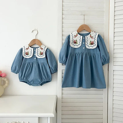 4214 Buy 2pc Wholesale Sister Clothes 2024 Autumn Embroidered Girl's Dresses Or Princess Toddler Girl's One Piece Clothes - mamahalo shop - 長袖ロンパース -  べビー服 - 子供服 - 男の子 - 女の子