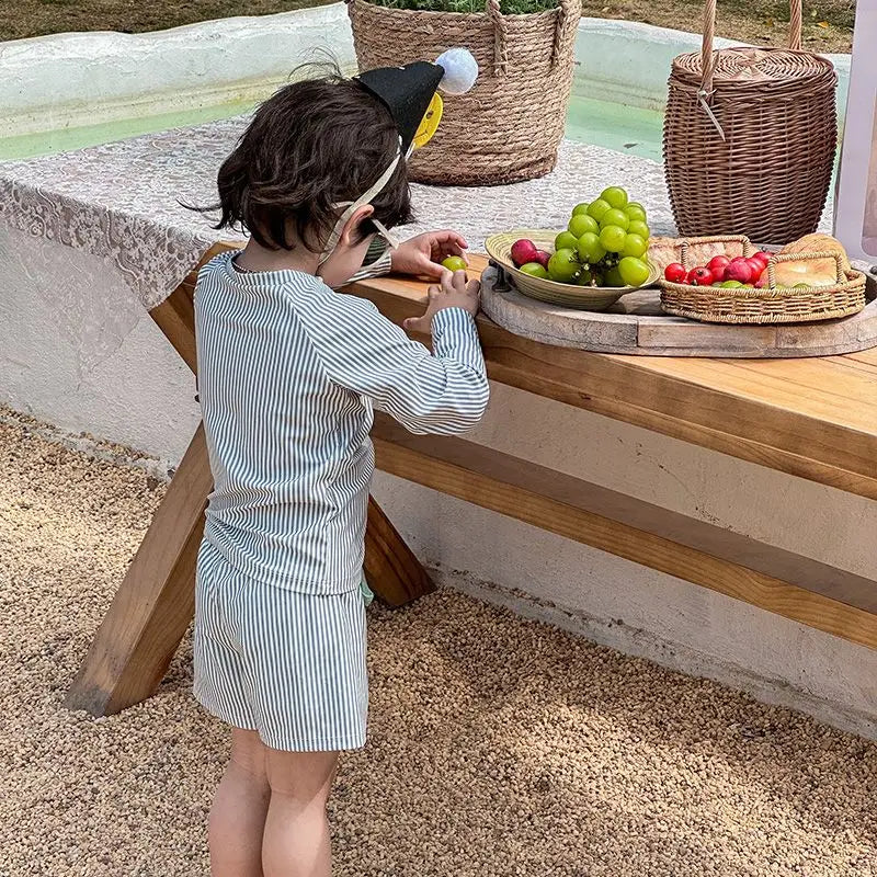 -キッズ水着 帽子セット 長袖 セパレート ストライプ ラッシュガード ボーイズ スイムウェア - mamahalo shop - ベビー用水着 -  べビー服 - 子供服 - 男の子 - 女の子