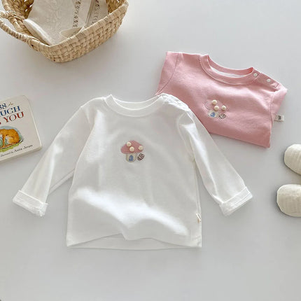 ☺︎ ベビーキッズトップス 長袖Tシャツ きのこマッシュルーム刺繍 2カラー - mamahalo shop - 長袖Tシャツ -  べビー服 - 子供服 - 男の子 - 女の子