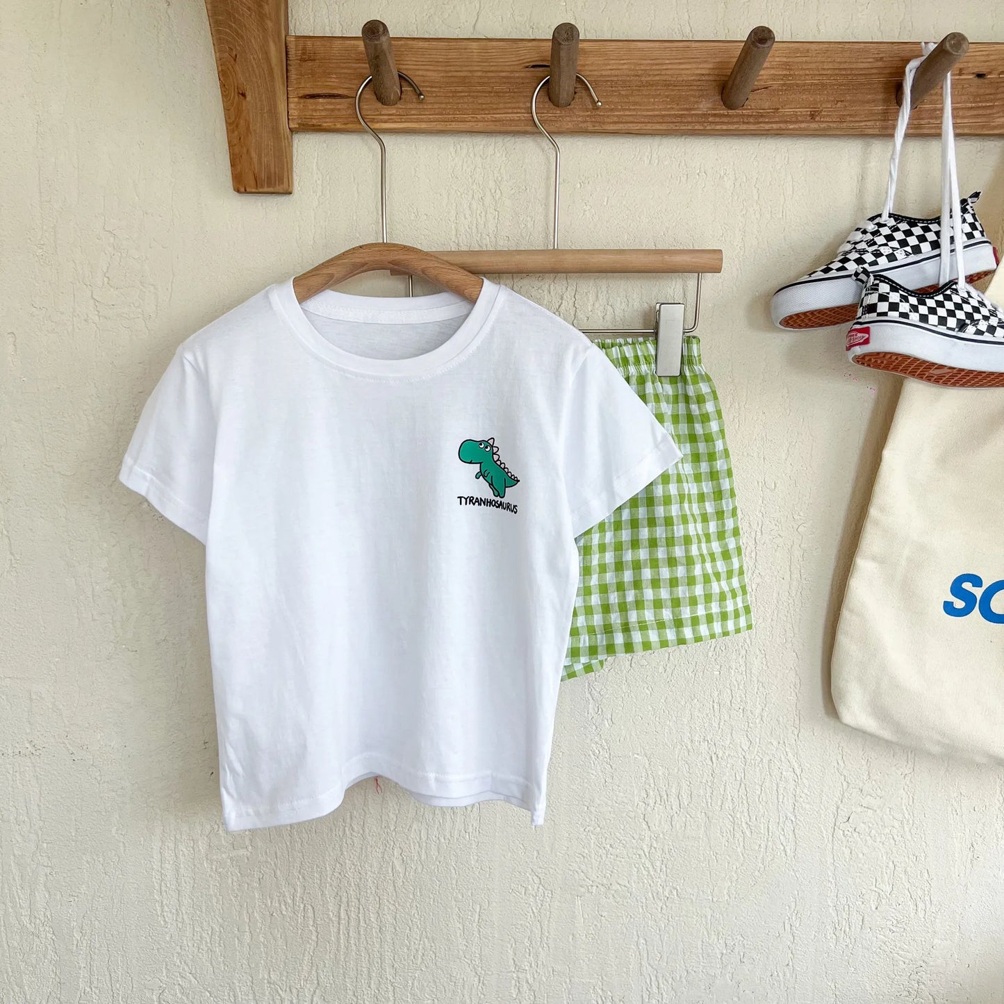 -キッズセットアップ 2点セット 半袖Tシャツ+チェックショートパンツ ダイナソー恐竜プリント 4カラー【mh0005509】 - mamahalo shop - ベビー服セット -  べビー服 - 子供服 - 男の子 - 女の子