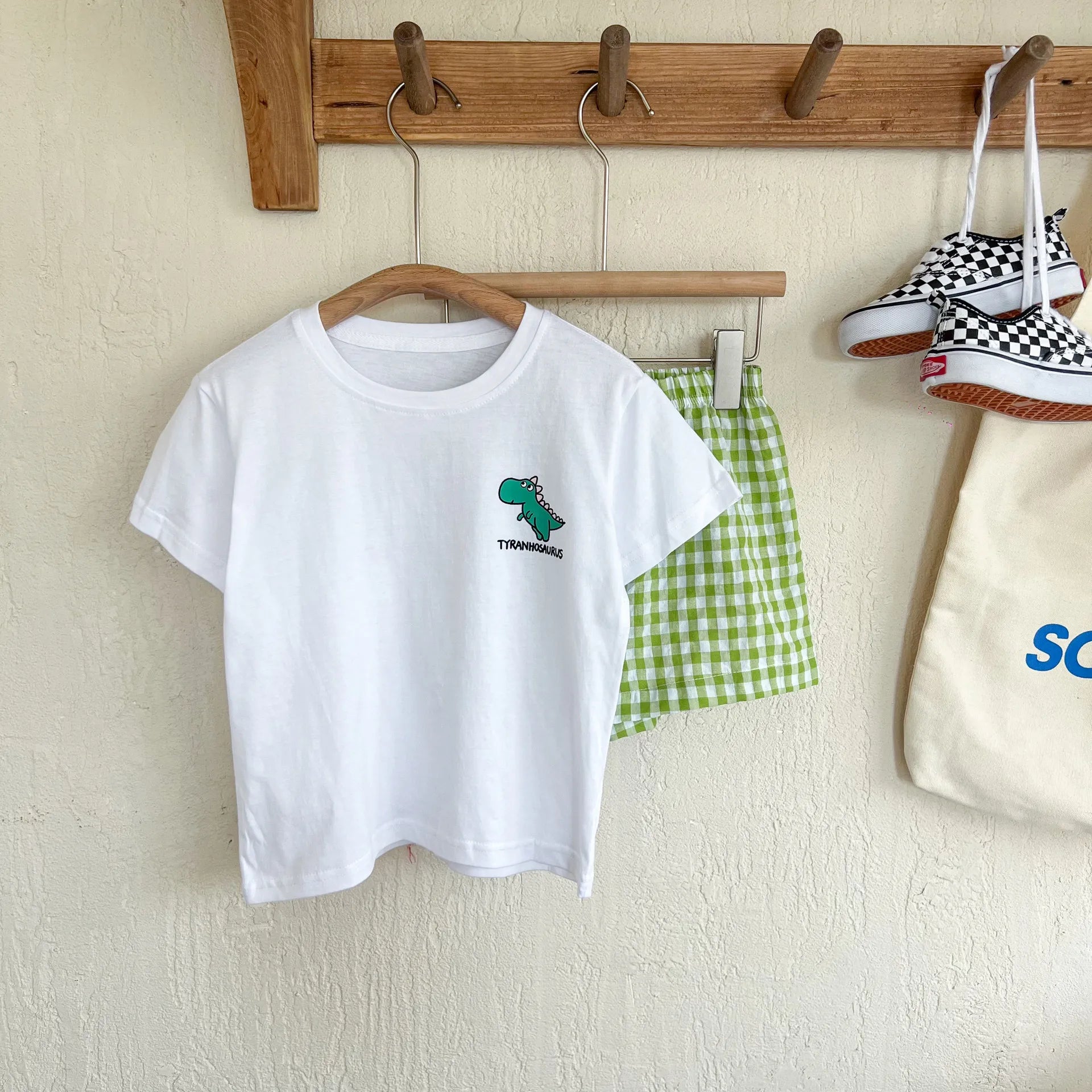 -キッズセットアップ 2点セット 半袖Tシャツ+チェックショートパンツ ダイナソー恐竜プリント 4カラー【mh0005509】 - mamahalo shop - ベビー服セット -  べビー服 - 子供服 - 男の子 - 女の子
