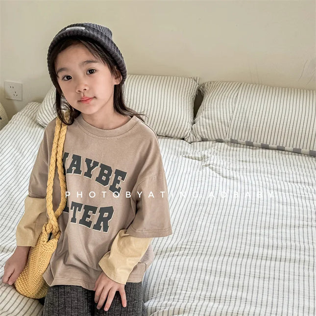 キッズトップス 袖ドッキングレターロゴプリント長袖Tシャツ 2カラー - mamahalo shop - 長袖Tシャツ -  べビー服 - 子供服 - 男の子 - 女の子