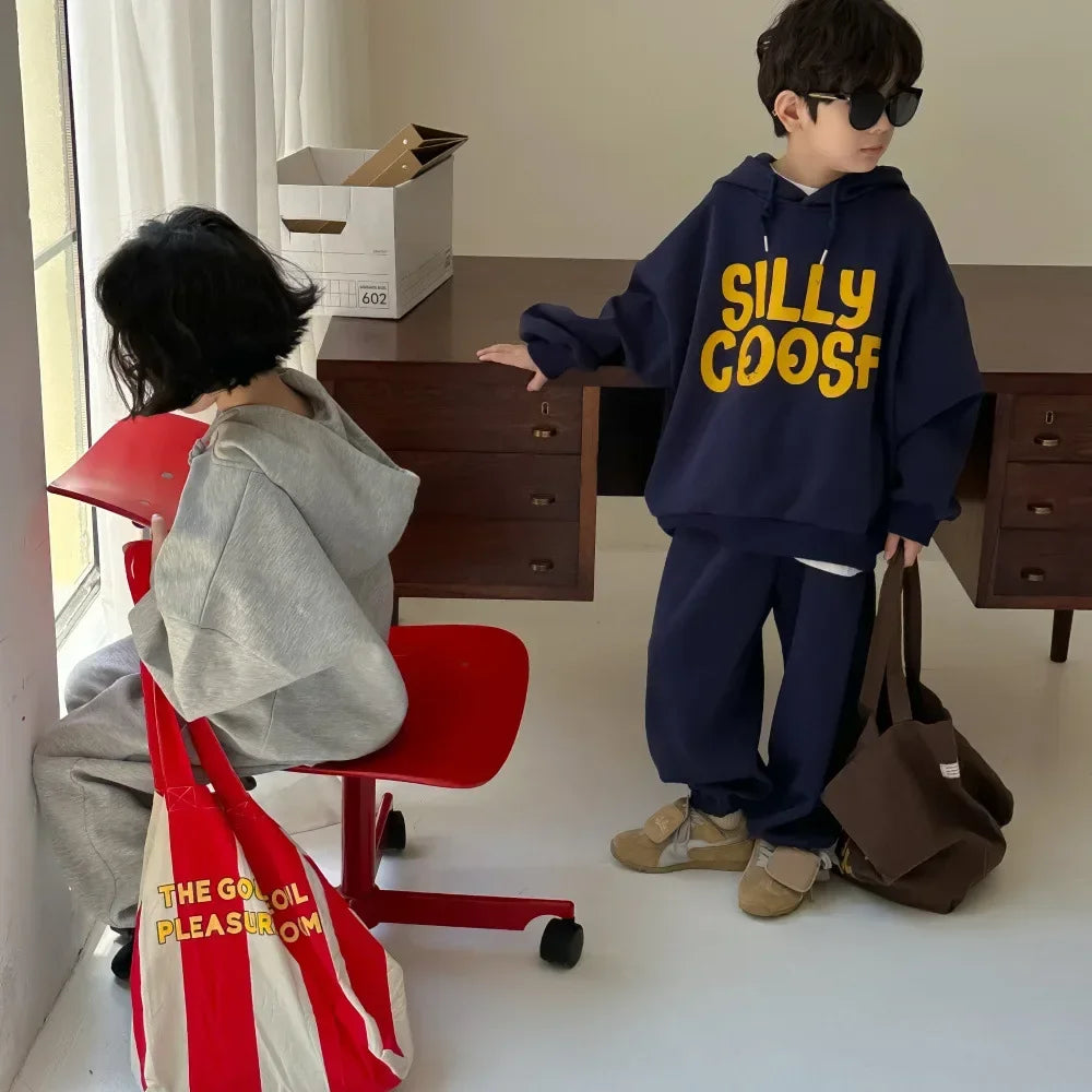 -キッズセットアップ 2点セット レターロゴプリントスウェットフーディパーカー+スウェットパンツ 2カラー - mamahalo shop - 長袖セットアップ -  べビー服 - 子供服 - 男の子 - 女の子