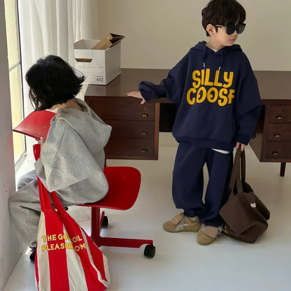 -キッズセットアップ 2点セット レターロゴプリントスウェットフーディパーカー+スウェットパンツ 2カラー - mamahalo shop - 長袖セットアップ -  べビー服 - 子供服 - 男の子 - 女の子