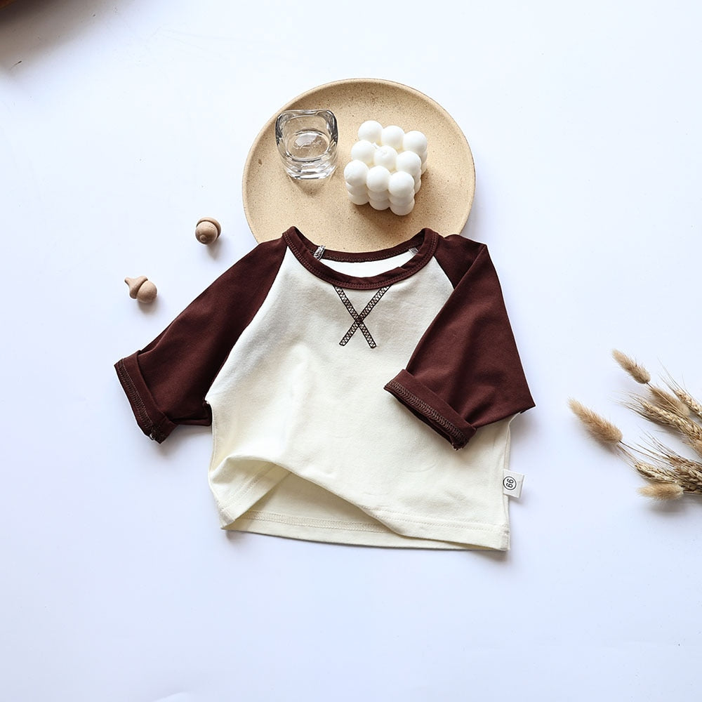 -ベビー シンプル ベーシック パッチワーク ラグラン 長袖 Tシャツ トップス ボーイズ - mamahalo shop - 長袖Tシャツ -  べビー服 - 子供服 - 男の子 - 女の子