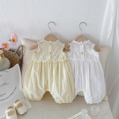 -ベビーロンパース ノースリーブジャンプスーツ レースフリル 2カラー【mh0006065】 - mamahalo shop - ノースリーブジャンプスーツ -  べビー服 - 子供服 - 男の子 - 女の子