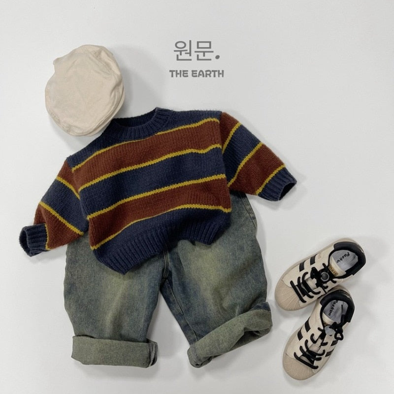 -キッズ セーター ニット レトロボーダー ルーズトップス 3カラー ボーイズ 男の子 子供服 7830 - mamahalo shop - ニット・セーター -  べビー服 - 子供服 - 男の子 - 女の子