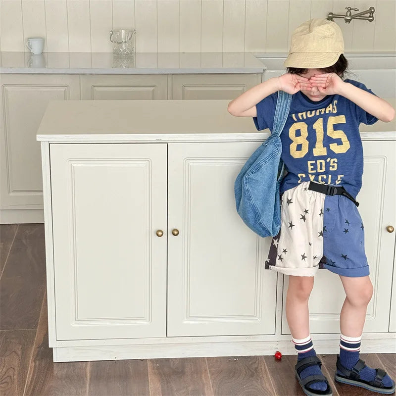 -キッズパンツ 星スタープリント バイカラー パッチワーク ショートパンツ 2カラー【mh0005440】 - mamahalo shop - ハーフパンツ・ショートパンツ -  べビー服 - 子供服 - 男の子 - 女の子