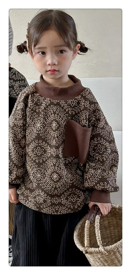 -キッズスウェットシャツ 裏ボアフリース ボヘミアン柄 幾何学 フラワープリント トレーナー ハーフタートルネック スタンドカラー ブラック コーヒー 2カラー ユニセックス 男の子 女の子 子供服 - mamahalo shop - トレーナー・フーディ -  べビー服 - 子供服 - 男の子 - 女の子