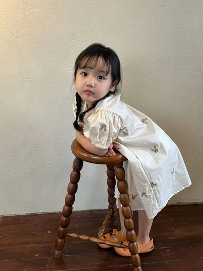 -キッズワンピース 半袖パフスリーブ うさぎバニー刺繍 ベージュ - mamahalo shop - 半袖ワンピース -  べビー服 - 子供服 - 男の子 - 女の子