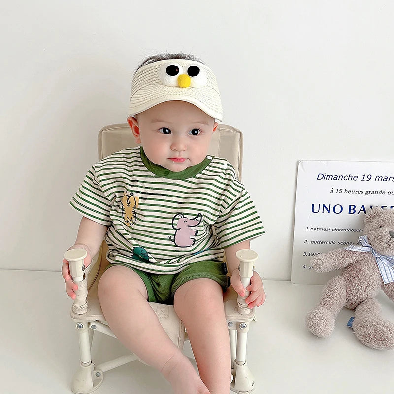 -ベビートップス/パンツ ボーダー半袖Tシャツ/恐竜プリントタンクトップ/無地ショートパンツ/チェックバルーンショートパンツ【mh0005548】 - mamahalo shop - 半袖セットアップ -  べビー服 - 子供服 - 男の子 - 女の子