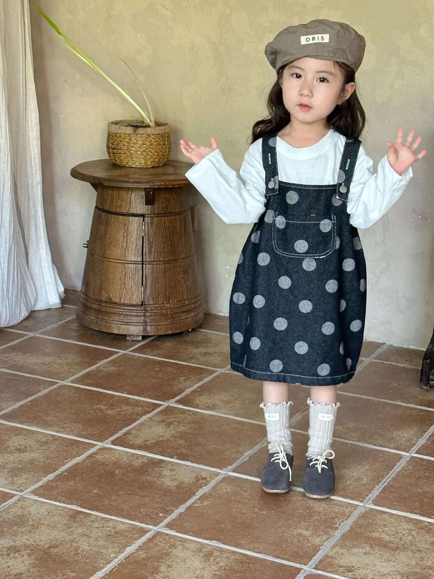 -キッズパンツ/サスペンダースカート デニム水玉ポルカドットプリントルーズロングパンツ/サスペンダーオーバーオールスカート リンクコーデ 兄弟姉妹 お揃いコーデ - mamahalo shop - ノースリーブワンピース -  べビー服 - 子供服 - 男の子 - 女の子