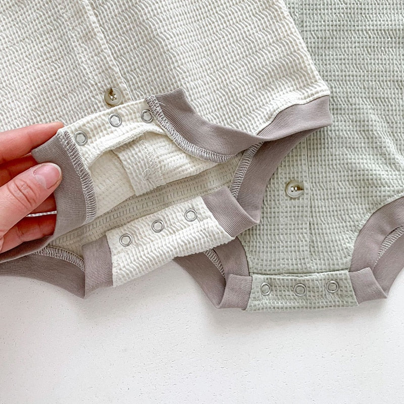 -ベビー ワッフル バイピング 半袖 ロンパース ライトグリーン ベージュ ユニセックス【mh0002012】 - mamahalo shop - 半袖ロンパース -  べビー服 - 子供服 - 男の子 - 女の子