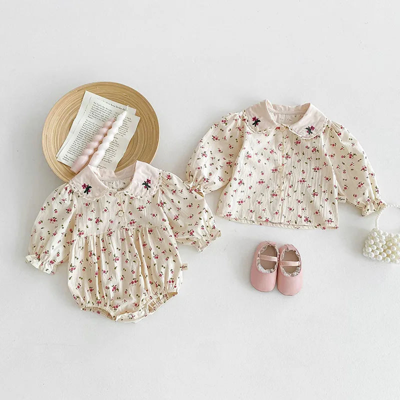 -ベビーロンパース/トップス 長袖 フラワー小花柄プリント刺繍【mh0006459】 - mamahalo shop - 長袖ロンパース -  べビー服 - 子供服 - 男の子 - 女の子