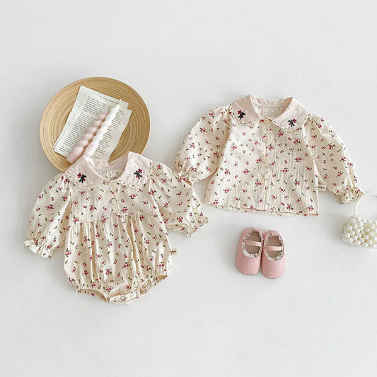 -ベビーロンパース/トップス 長袖 フラワー小花柄プリント刺繍【mh0006459】 - mamahalo shop - 長袖ロンパース -  べビー服 - 子供服 - 男の子 - 女の子