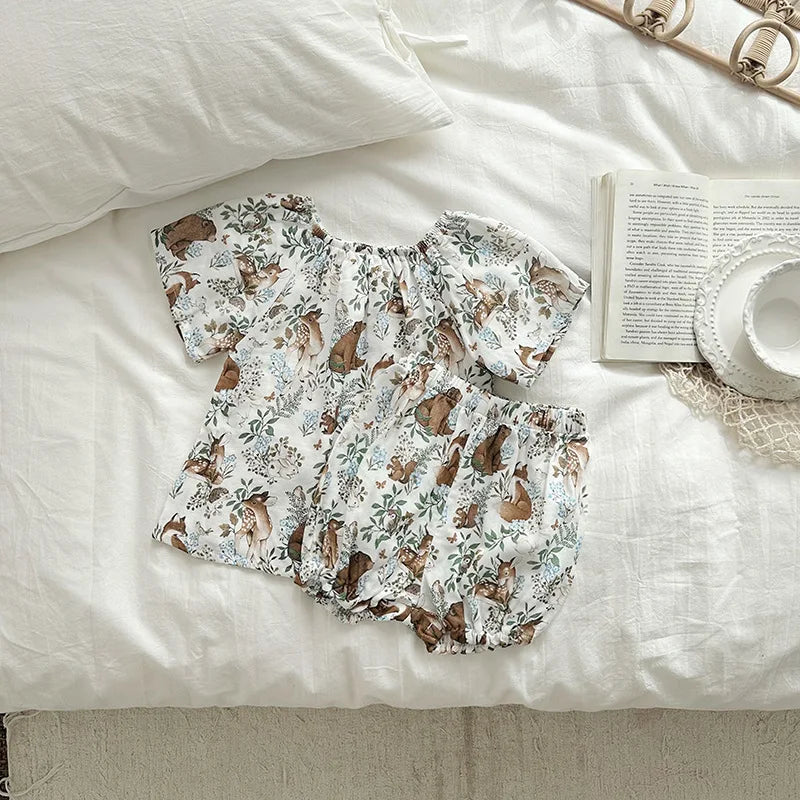 -キッズセットアップ 2点セット ダブルガーゼ 半袖スモックブラウス+バルーンショートパンツ ボタニカルプリント ルームウェア 4カラー【mh0004895】 - mamahalo shop - 半袖セットアップ -  べビー服 - 子供服 - 男の子 - 女の子