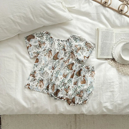 -キッズセットアップ 2点セット ダブルガーゼ 半袖スモックブラウス+バルーンショートパンツ ボタニカルプリント ルームウェア 4カラー【mh0004895】 - mamahalo shop - 半袖セットアップ -  べビー服 - 子供服 - 男の子 - 女の子