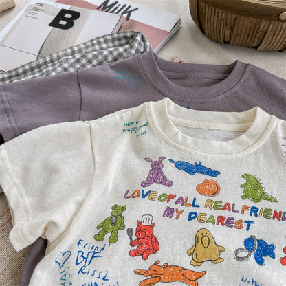 -キッズ くま ベア カラフル プリント 半袖 Tシャツ ベージュ グレー ユニセックス - mamahalo shop - 半袖Tシャツ -  べビー服 - 子供服 - 男の子 - 女の子