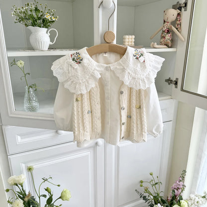-キッズトップス 長袖ブラウス シャツ レース襟 フラワー花柄刺繍 リボン ホワイト - mamahalo shop - 長袖シャツ・ブラウス -  べビー服 - 子供服 - 男の子 - 女の子